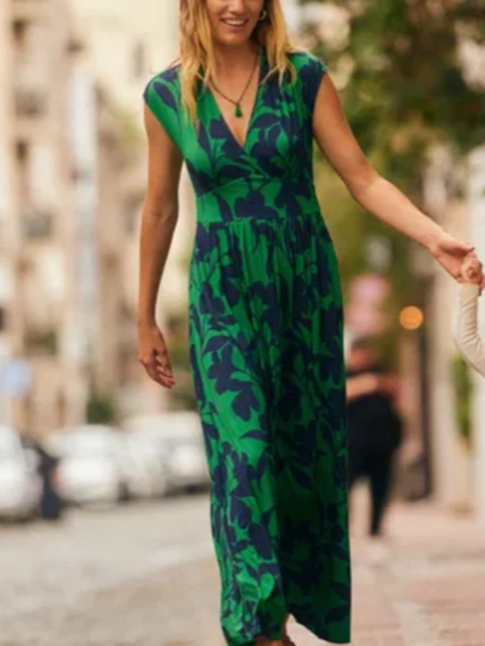Boden Green and Navy Floral Wrap Maxi Dress